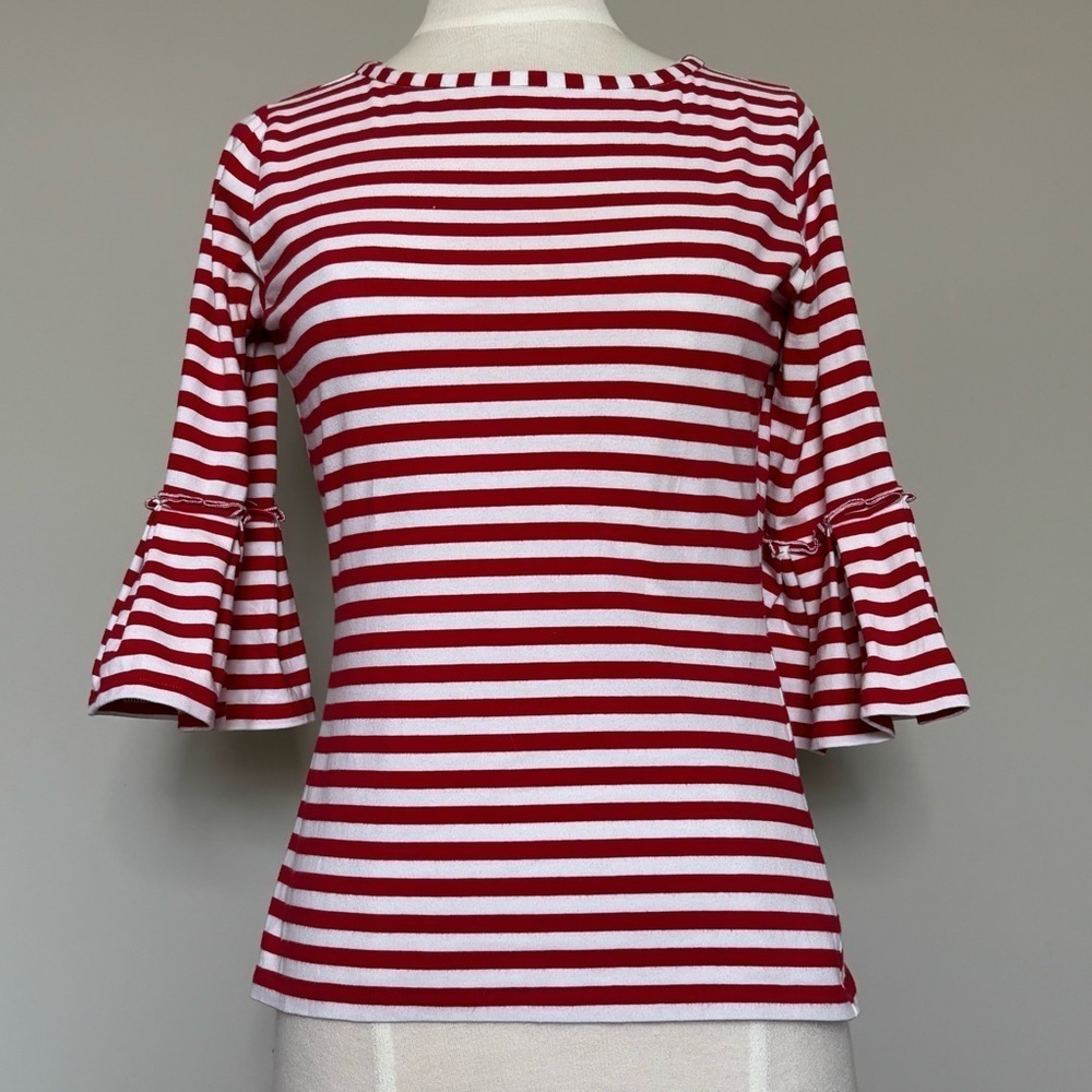 Sara Campbell Red and White Striped Ruffle 3/4" Sleeve Top, Size XS